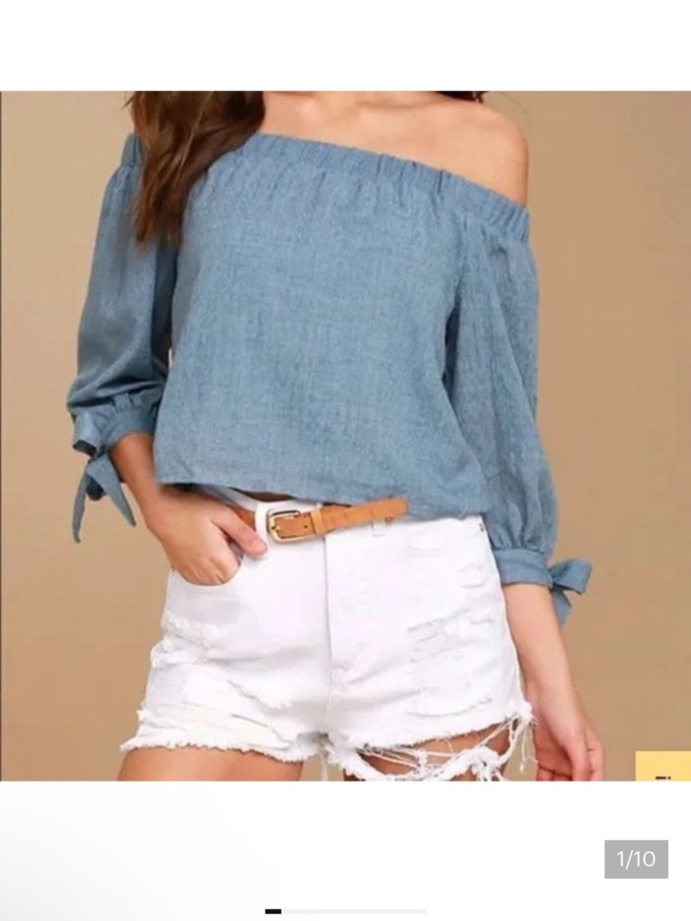 Lulu's Tender Moments Chambray Off the Shoulder Tie Sleeve Cropped Blouse Top